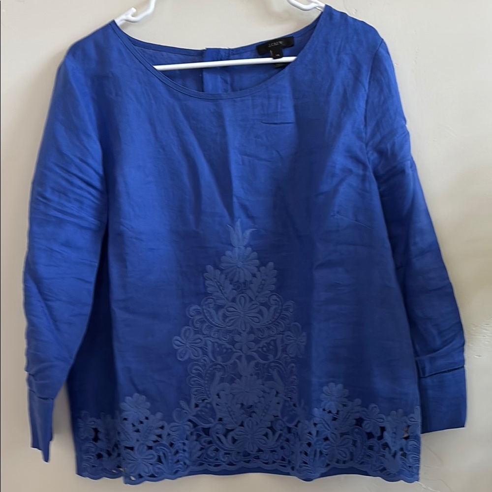 JCrew Blue Embroidered 3/4 Sleeve Linen and Silk Blouse